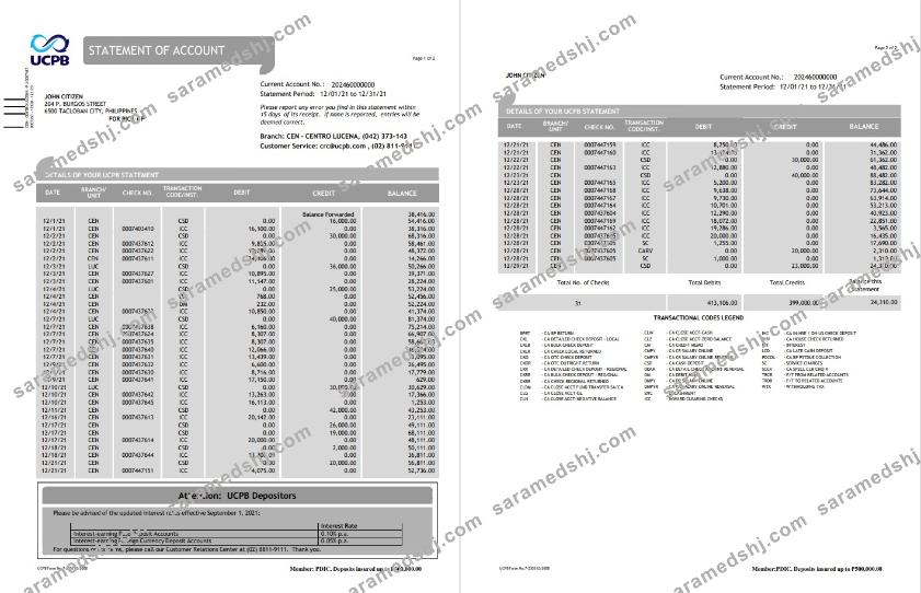 Philippines UCPB bank statement of account template in Word and PDF format